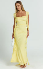 Rosha Butter Maxi – Ruched Ruffle Strap Gown in Sunny Yellow