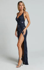 Out Till Dawn Maxi Dress - Thigh Split Dress in Navy Sequin