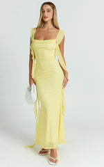 Rosha Butter Maxi – Ruched Ruffle Strap Gown in Sunny Yellow