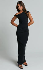 Genie Maxi Dress – Off-Shoulder Figure-Hugging Slip Dress in Black