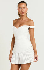 Izara Mini Dress - Off Shoulder Pleated Dress in Off White