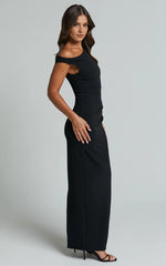 Genie Maxi Dress – Off-Shoulder Figure-Hugging Slip Dress in Black