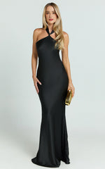 Runaway The Label – Chara Halter Neck Satin Evening Gown in Black