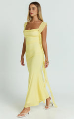 Rosha Butter Maxi – Ruched Ruffle Strap Gown in Sunny Yellow