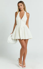 Halterneck Corset Waist Mini Dress with Gathered Skirt in Cream