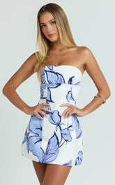 Catharine Mini Dress – Strapless A-Line Dress in Blue Floral Print