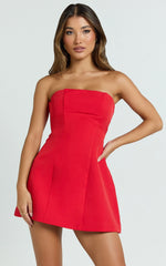 Catharine Mini Dress - Strapless A Line Dress in Red