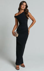 Genie Maxi Dress – Off-Shoulder Figure-Hugging Slip Dress in Black