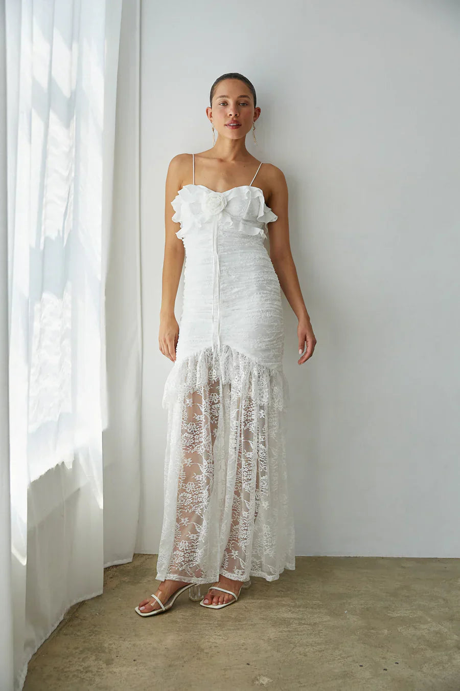 Aphrodite Lace Ruched Rosette Maxi Dress