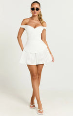 Izara Mini Dress - Off Shoulder Pleated Dress in Off White