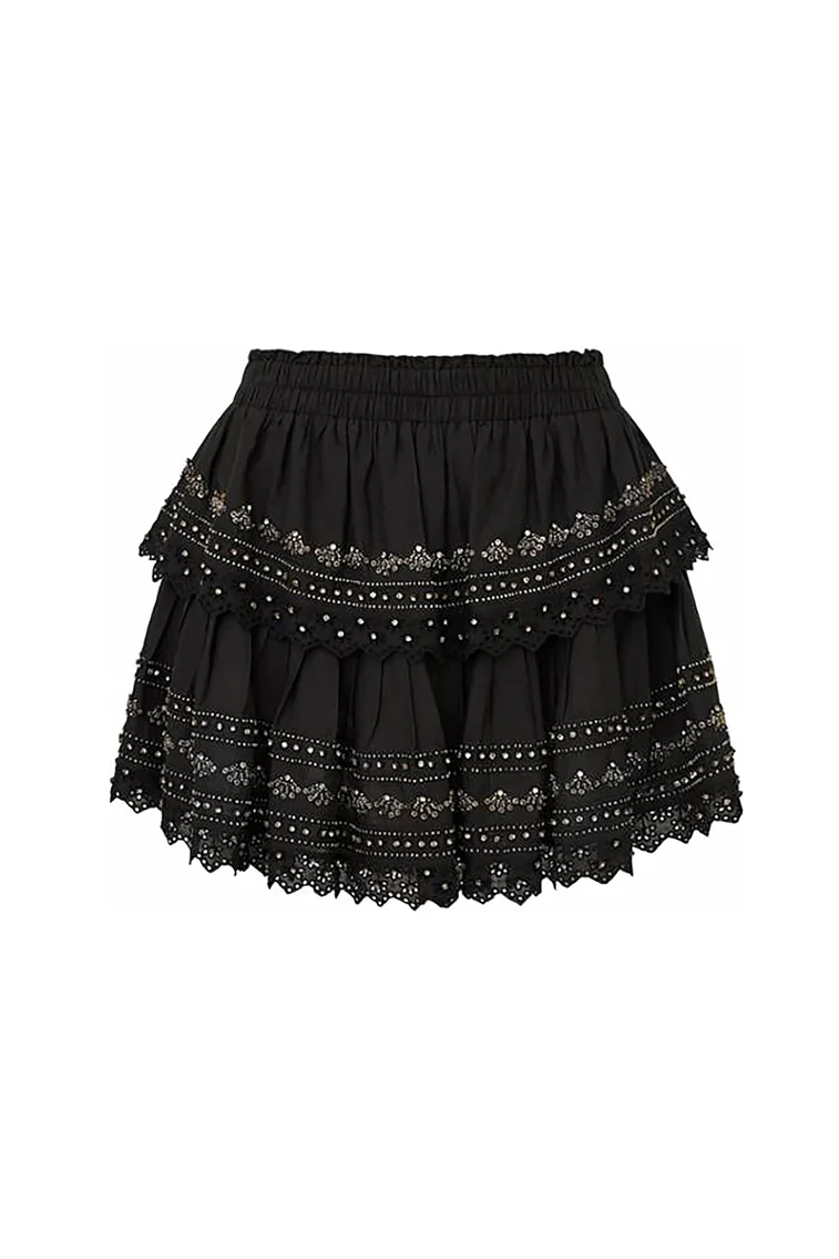 Ruffle Mini Rhinestone-Studded Skirt - BLACK